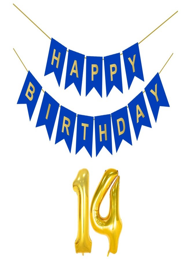 Flyloons 14th Dark Blue Colour Happy Birthday Banner Decoration Kit for 14 year Old Boys Girls Teenage | with Number Fourteen | 13 Pcs Reusable Cardstock Happy Birthday Paper Banner